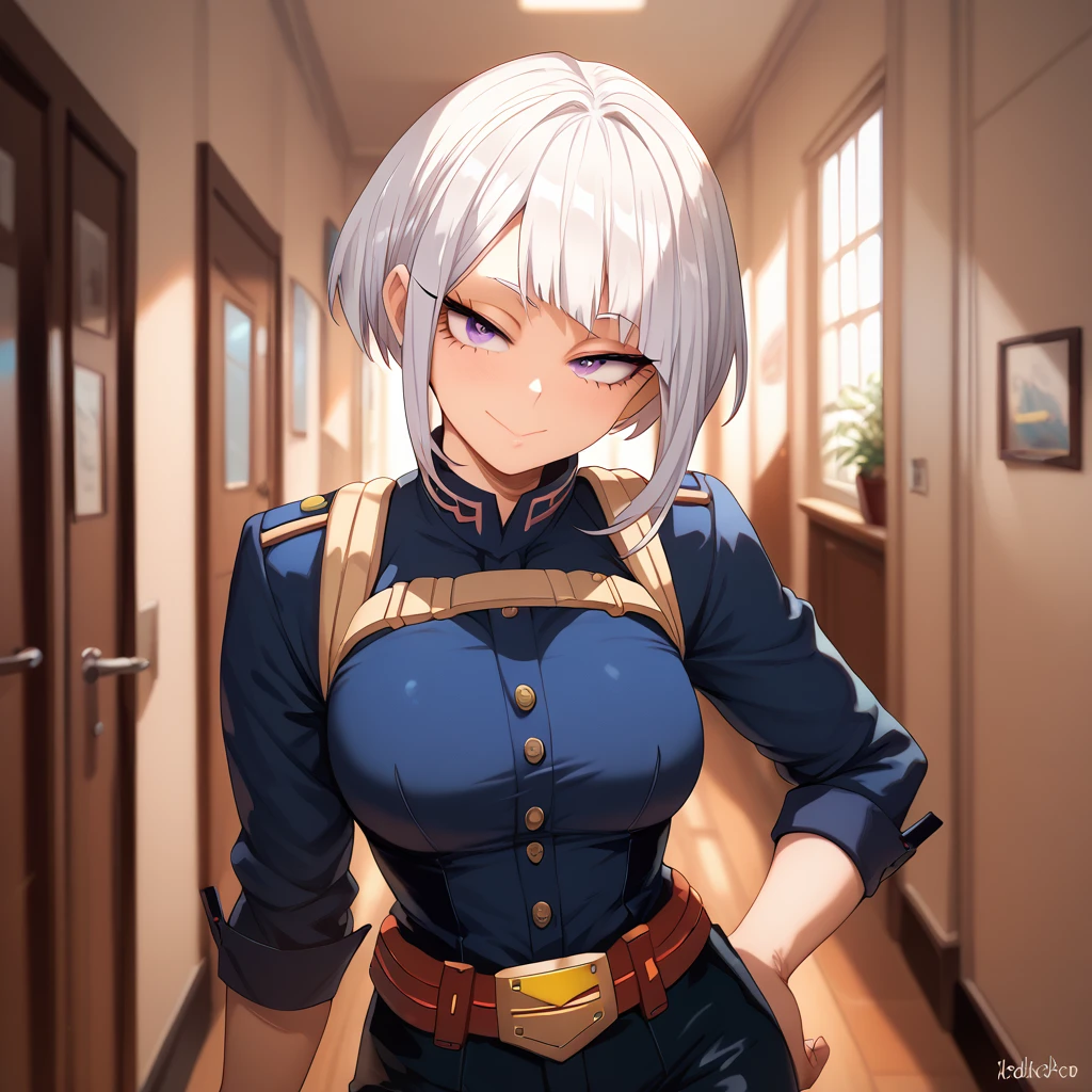 Detailed, best quality, 1 female, cowboy shot, My Hero Academia PE uniform, short white hair, boy-cut hair, purple eyes, fully lidded eyes, evil eyes, no smile, stocky, hallway background