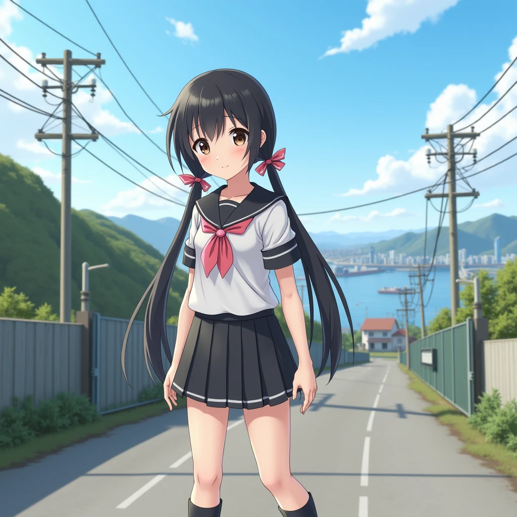 smartphone game,
1girl.
She is wearing a short sleeves white serafuku with black sailor collar with pink ribbon.
She is wearing a black skirt.
She has a very long low twintails with red ribbons. very long low pigtails, black hair.
Bag, late teens, small breasts, dark brown eyes.
Outside, school, school gate, electric pole, electric wire, hills, srope road, city scape, port city with mountains nearby, coastline, blue sky, daytime, horizon.
From front. Japanese.