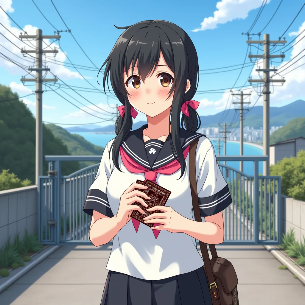 smartphone game,
1girl.
She is wearing a short sleeves white serafuku with black sailor collar with pink ribbon.
She is wearing a black skirt.
She has a very long low twintails with red ribbons. very long low pigtails, black hair.
Bag, late teens, small breasts, dark brown eyes.
Outside, school, school gate, electric pole, electric wire, hills, srope road, city scape, port city with mountains nearby, coastline, blue sky, daytime, horizon.
From front. Japanese.