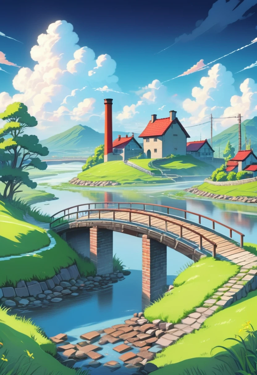 (((best quality))), high saturation, clear, reasonable structure, cartoon style, architecture, bridge, construction, chimney, cloud, cloudy_sky, day, fantasy, grass, mountain, outdoor, river, landscape, sky, A fl whimsical, thin line art, flat color illustration, ((high quality)), midnight,