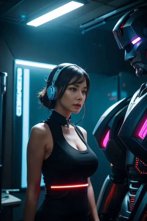 a woman with headphones standing next to a robot, cyberpunk art by jason a. engle, cgsociety, retrofuturism, ilya kuvshinov, sci...