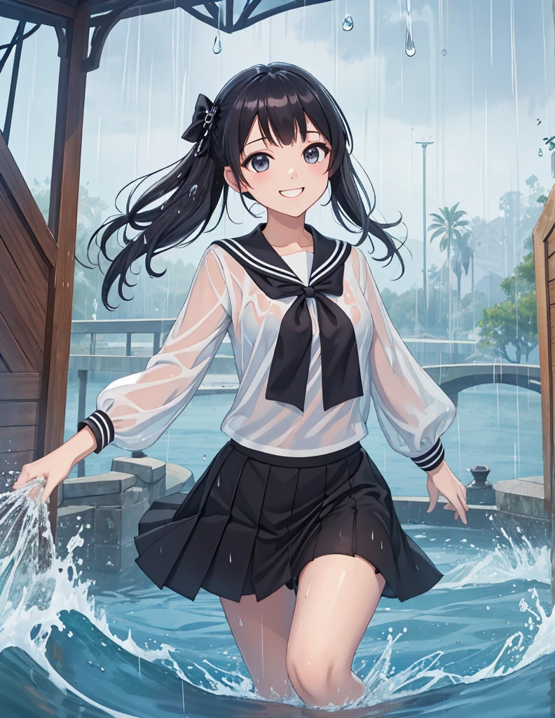 (8k, Highest quality, masterpiece: 1.2), Ultra-high resolution, 1 person, cute, Small breasts, Highly detailed face, White blouse, black and white sailor suit, 大量のrain, rain, soaked, Black underwear, ribbon, Long skirt, (Goth Skirt), Water droplets all over the body, A childlike smile, The best smile, Lots of water, Submersion, splash,