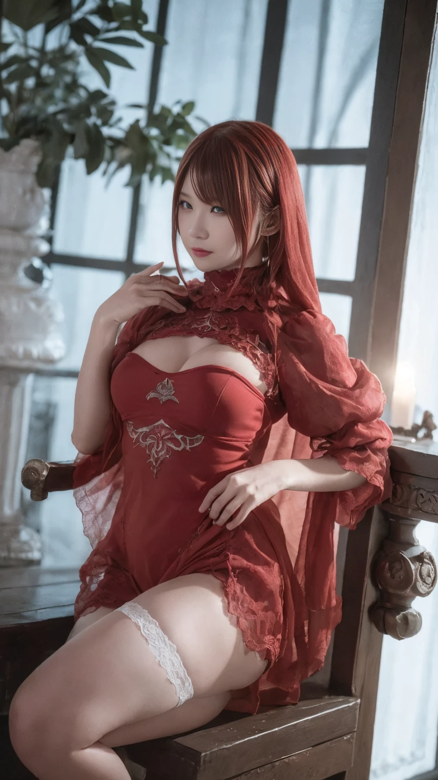 ((high quality)), Tabletop, (Detailed depiction of the local area:1.2), A 20-year-old girl, Red eyes, Ample breasts, Enchanted Valley, Mouth closed, eyelash, View your viewers, Portraiture, alone, Upper Body, Red Hair, Red Theme, Shiny straight long hair, yorha no. 2 Type B, (Professional Lighting), Focus on the subject。Side light, Light and Dark