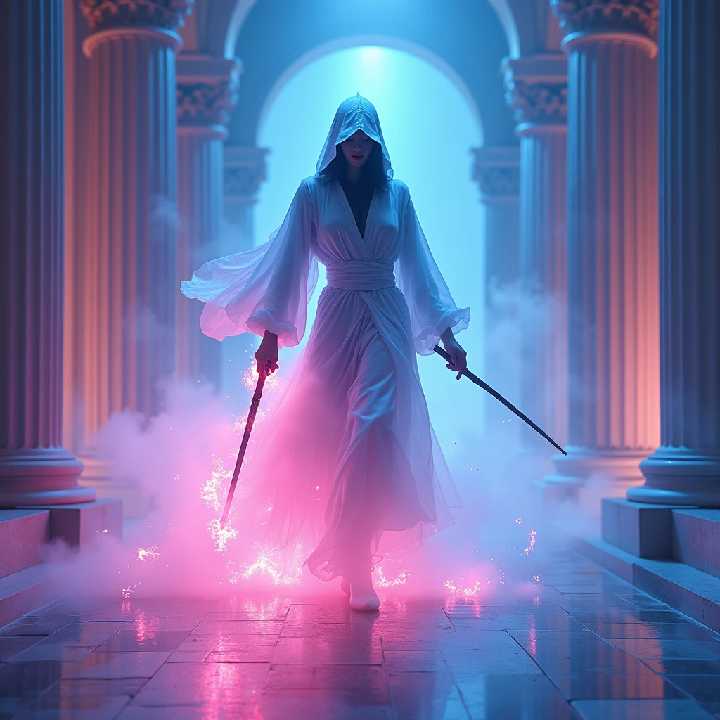 (Assassin), in Bioluminescent Classical style, featuring (cherry blossom pink and sky blue) glowing classical forms. Beautiful cinematic lighting, surreal, color graded, dynamic movement, captivating chiaroscuro, (special effects:0.1), full body, award-winning, cinematic still, emotional, vignette, dynamic, vivid, (masterpiece, best quality, photorealistic, Professional, perfect composition, very aesthetic, absurdres, ultra-detailed, intricate details:1.3)