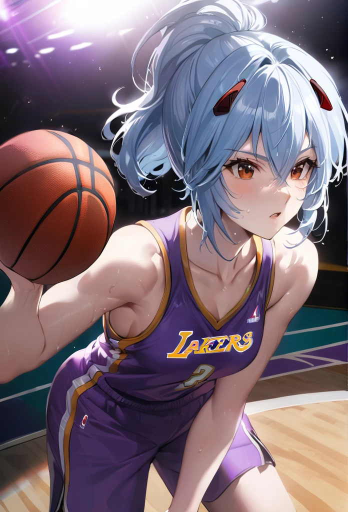 (Mastepiece, best quality, absurdres), close up shot, 1girl, ayanami rei, light blue hair, short hair, mature female, holding a basketball in hand, toned body, wearing a lakers basketball jersey, basketball court, looking at wiewer, sweating
, 8k intricate illustration, dynamic pose, cinematic lighting, volumetric lighting, vibrant colors, ray tracing, intricate details, 