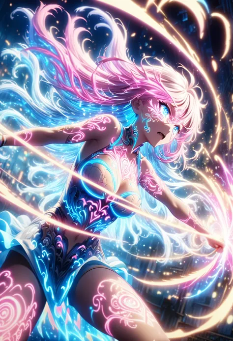 action scenes,fight,anime screenshots、 artistic anime illustration of a woman adorned with glowing neon magic tattoos all over h...