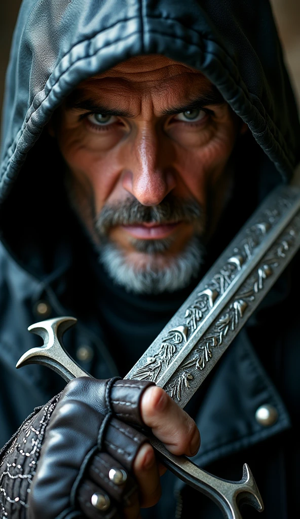 photo of a japanese male assassin, wearing a wet black assasin hoodie ((silver bioluminiscent lightning)), so that the reflection of light reflects on him, his eyes are covered by the hoodie, and his hand is holding a carved silver sword. the details of his face and wrinkles are clearly visible. The man wore leather wristbands and silver chain accessories. dark and gritty, raining, water drips, smokes, particle, void black background, vignette, lightning, photorealism, hyperdetailed, hyperrealistic, masterpiece, HD 8K resolution, close up shot ((silver bioluminiscent lightning in background))