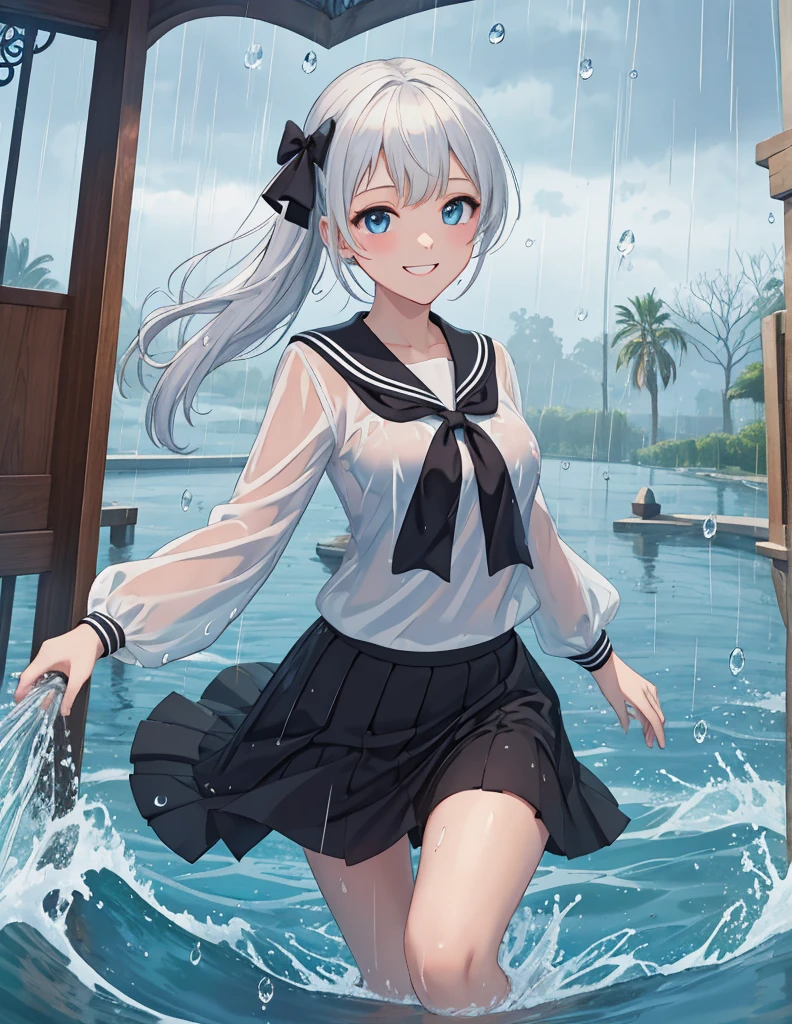 (8k, Highest quality, masterpiece: 1.2), Ultra-high resolution, 1 person, cute, Small breasts, Highly detailed face, White blouse, black and white sailor suit, 大量のrain, rain, soaked, Black underwear, ribbon, Long skirt, (Gothic Skirt), Water droplets all over the body, A childlike smile, The best smile, Date, Lots of water, Submersion, splash, 