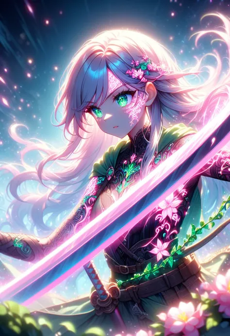 close-up face,swordsman with a huge sword、the sword is adorned with a glowing neon flower tattoo.。the tattoo is a mix of pink fl...