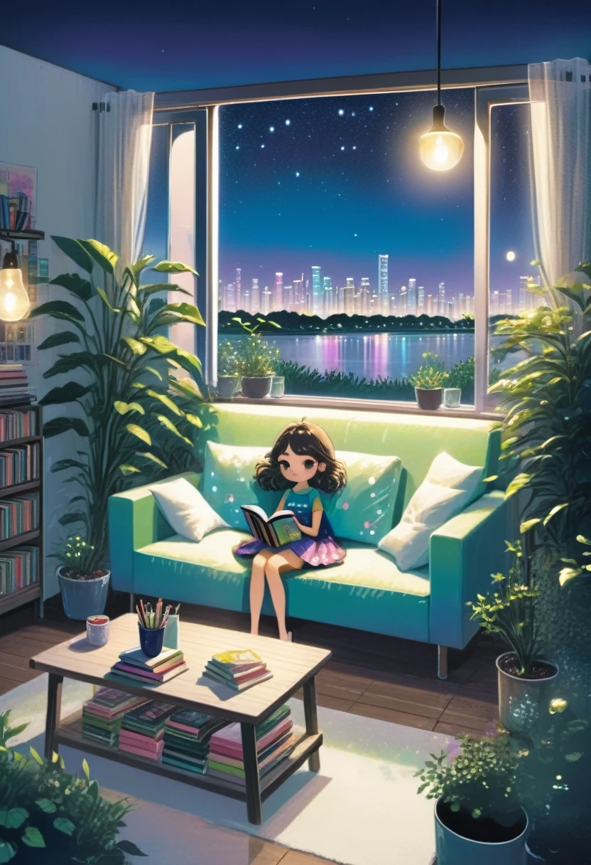  overview, A fl whimsical, thin line art, flat color illustration, ((high quality)), midnight, kawaii girl, sitting a sofa, cozy living room, A can of soda and a stack of books rest on a small round table in front of him. outdoor garden over the skyline midnight, river