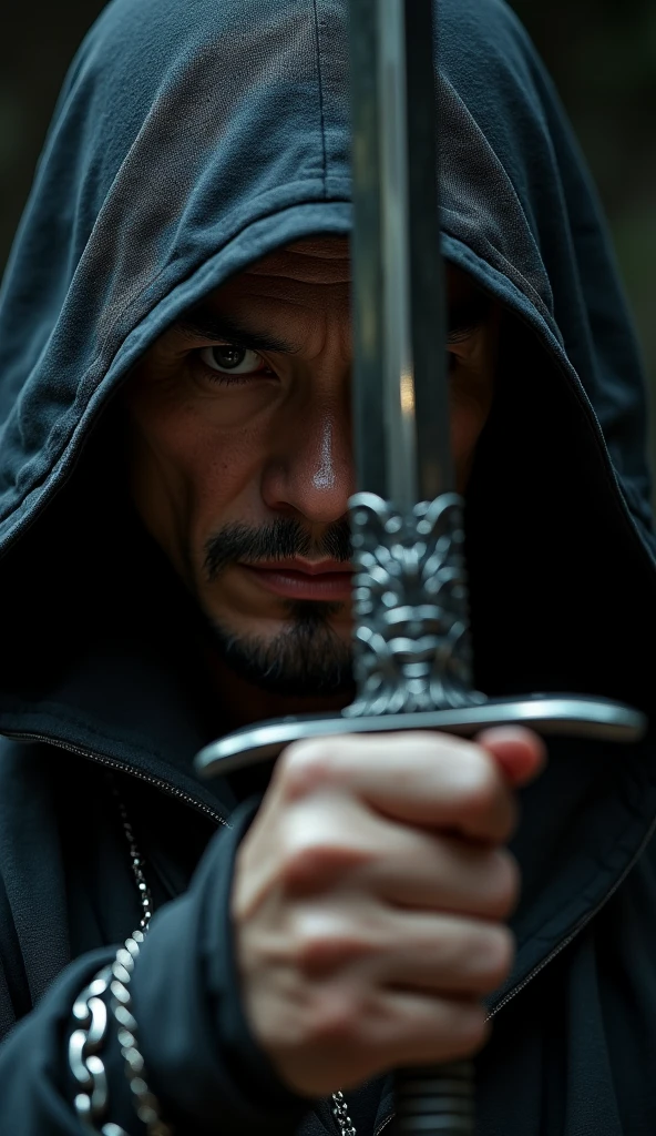 photo of a japanese male assassin, wearing a wet black assasin hoodie ((silver bioluminiscent lightning)), so that the reflection of light reflects on him, his eyes are covered by the hoodie, and his hand is holding a carved silver sword. the details of his face and wrinkles are clearly visible. The man wore leather wristbands and silver chain accessories. dark and gritty, raining, water drips, smokes, particle, void black background, vignette, lightning, photorealism, hyperdetailed, hyperrealistic, masterpiece, HD 8K resolution, close up shot ((silver bioluminiscent lightning in background))