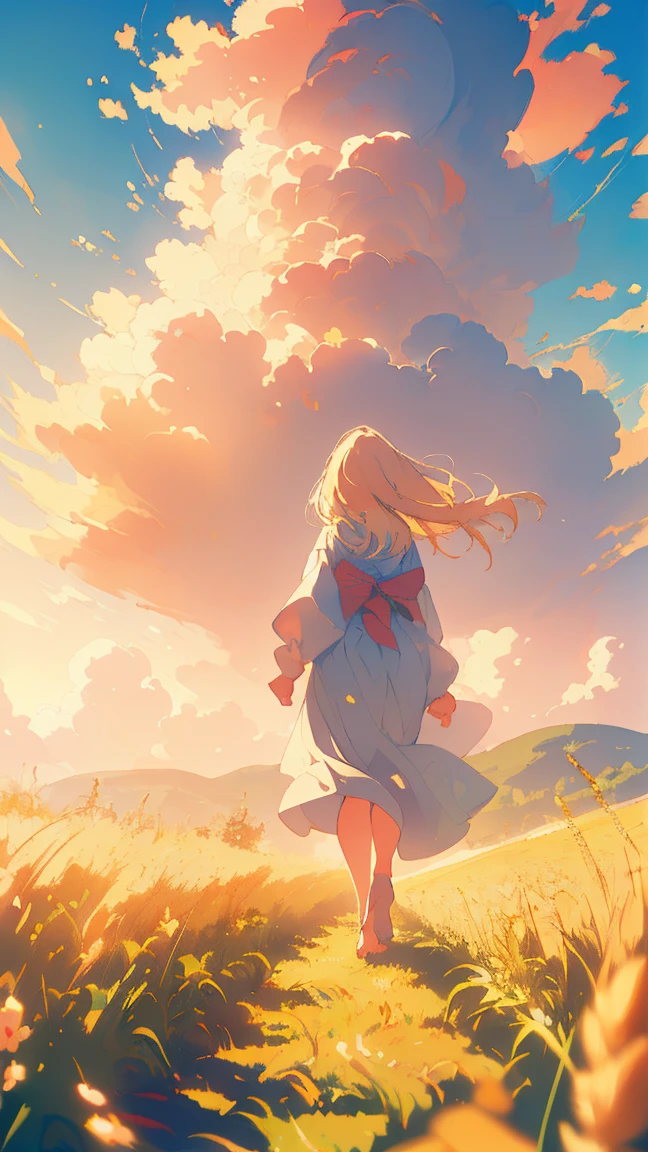 (masterpiece, Highest quality),A stunning painting of a lady with long blonde hair, Wheat field, Spectacular Clouds ((Picturesque)) ((Impressionism)) Vibrant, Soft Edge (((Warm glow))) Full body Full body from below 1sologirl, Feet together, Walking while looking down