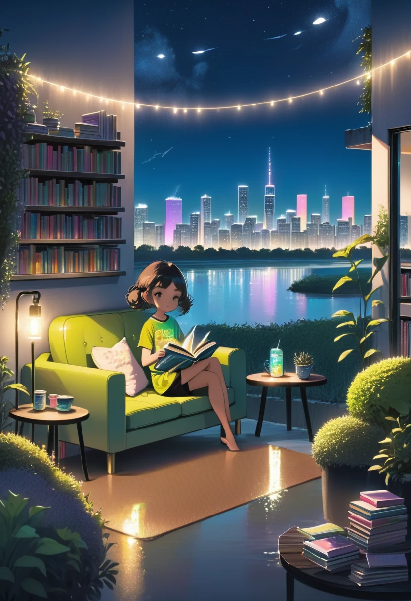  overview, A fl whimsical, thin line art, flat color illustration, ((high quality)), midnight, kawaii girl, sitting a sofa, cozy living room, A can of soda and a stack of books rest on a small round table in front of him. outdoor garden over the skyline midnight, river