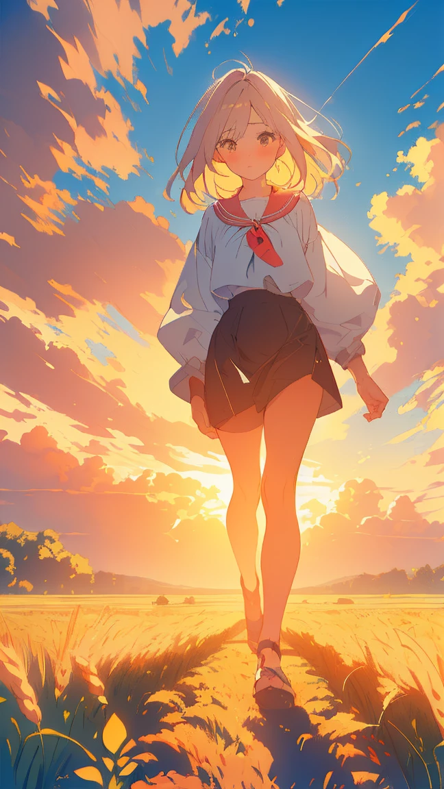 (masterpiece, Highest quality),A stunning painting of a lady with long blonde hair, Wheat field, Spectacular Clouds ((Picturesque)) ((Impressionism)) Vibrant, Soft Edge (((Warm glow))) Full body Full body from below 1sologirl, Feet together, Walking while looking down