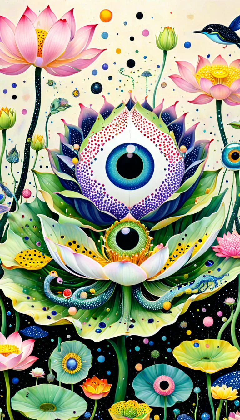 Pointillism method：Colorful black，Dopamine color matching，霓虹Eyeballs in the lotus pod、house、Frosch、Tentacles、bird、(((Eye)))、diatom，Abstract mosaic painting，Describing the inner world of autistic people，Sense of space，White space，interesting，Innocence，Psychedelic Art，Pink Circle。Dot，Space Background。