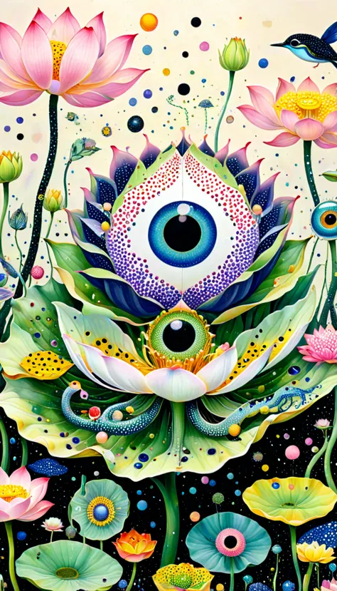 pointillism method：colorful black，dopamine color matching，霓虹eyeballs in the lotus pod、house、frosch、tentacles、bird、(((eye)))、diat...