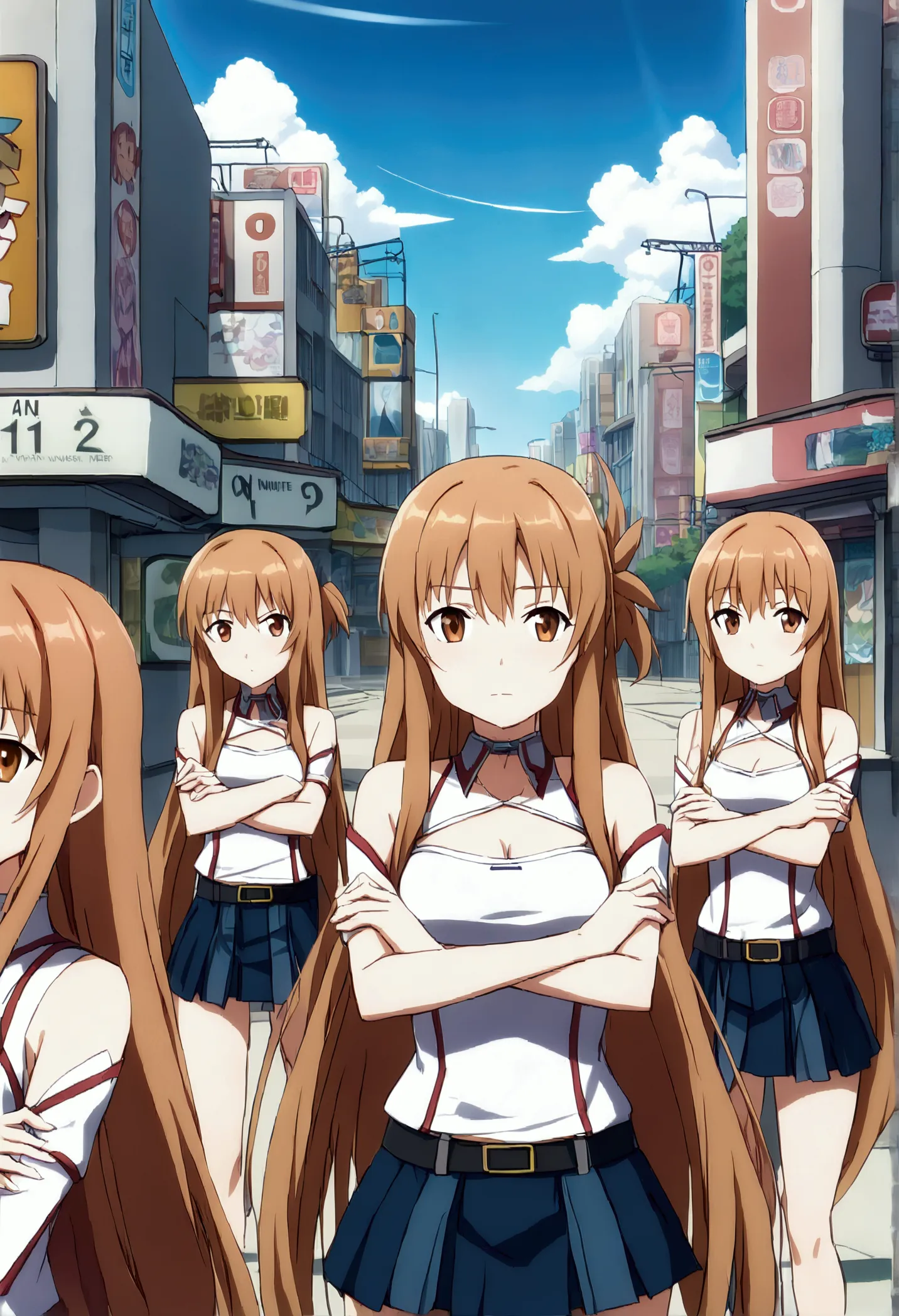 (((asuna, anime art style, long_hair, skirt, brown_hair, brown_eyes, very_long_hair, belt, crossed_arms))), urban battlefield, r...