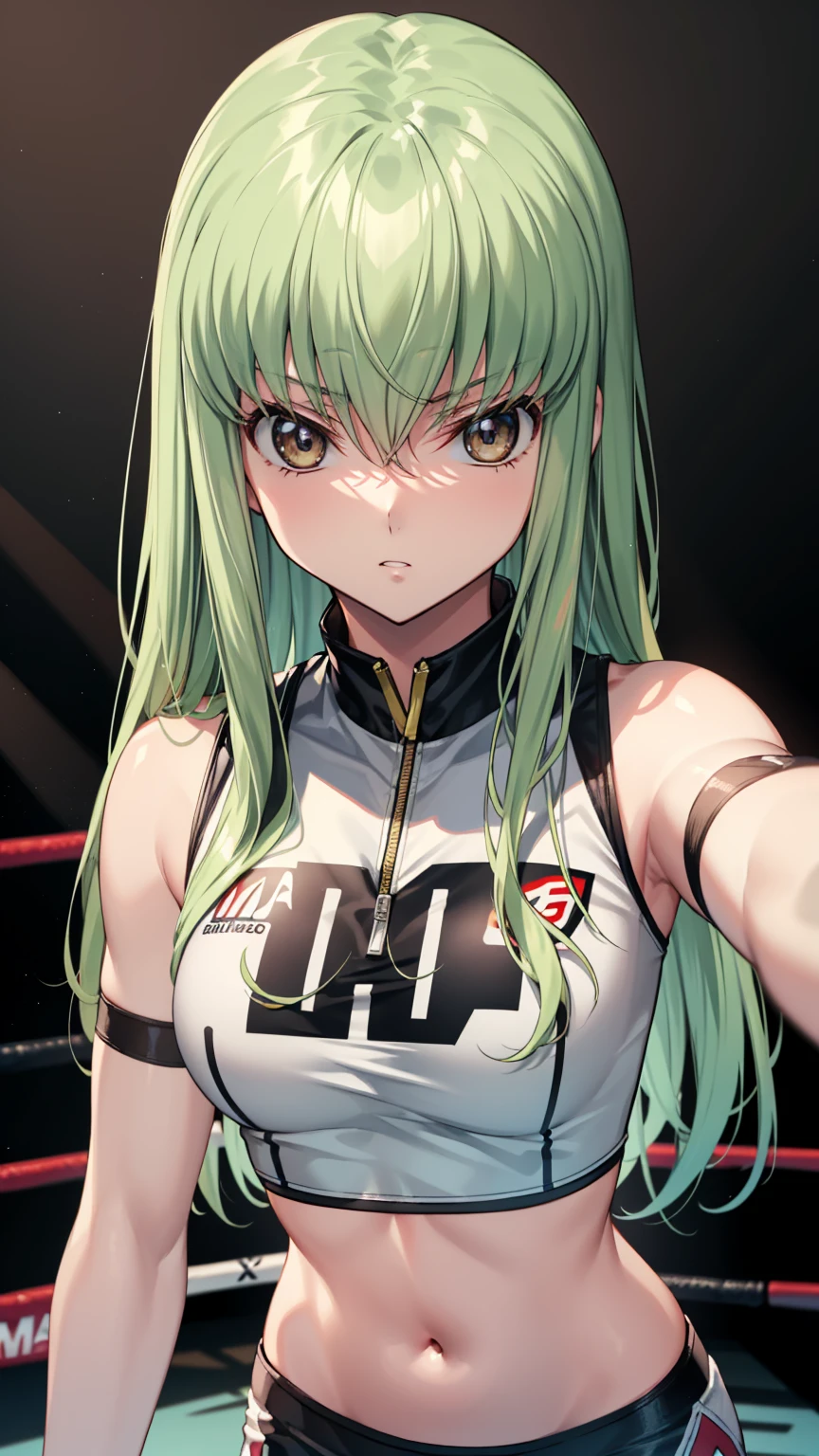 CC_Code Geass, Hair between the eyes, Very long hair 1 person, Bright light, glaring, alone, upper body shot, From above, Fighting, (masterpiece, Highest quality), 8k, Intricate details, (on MMA Arena :1.5), (wearing MMA uniform:1.5, white tops and black bottoms:1.3), belly button,Slender body,Slim,((Highest quality)), Sharp focus: 1.2, Highly detailed face, Highly detailed eye,Toned stomach, on front, looking up,