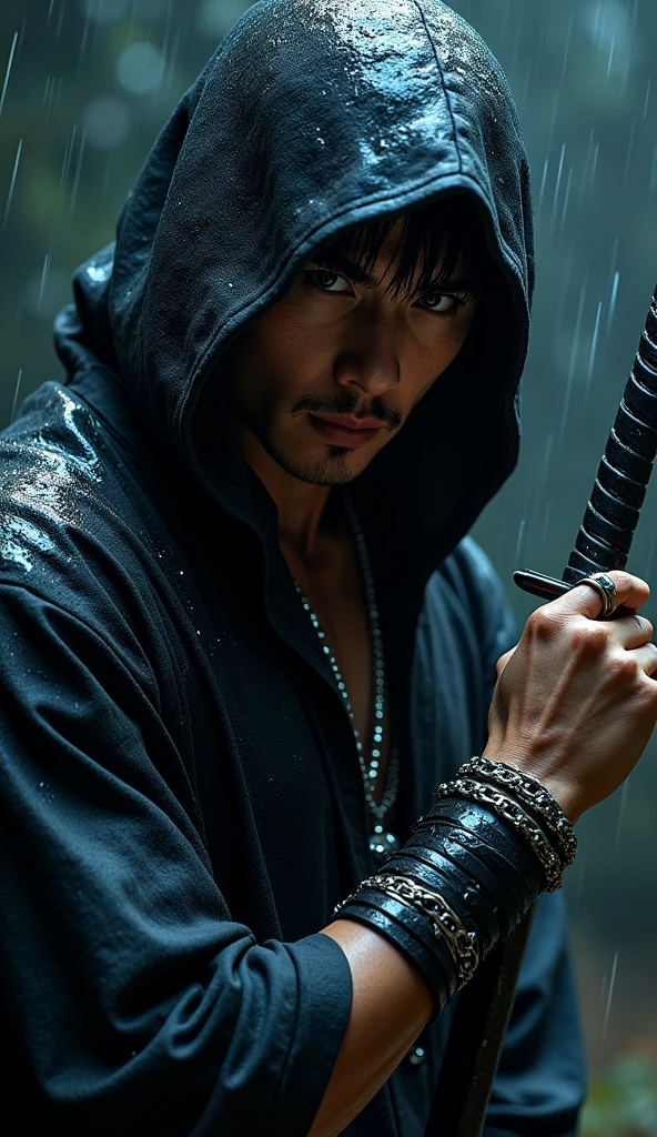 photo of a japanese male assassin, wearing a wet black assasin hoodie ((silver bioluminiscent lightning)), so that the reflection of light reflects on him, his eyes are covered by the hoodie, and his hand is holding a carved silver sword. the details of his face and wrinkles are clearly visible. The man wore leather wristbands and silver chain accessories. dark and gritty, raining, water drips, smokes, particle, void black background, vignette, lightning, photorealism, hyperdetailed, hyperrealistic, masterpiece, HD 8K resolution, close up shot ((silver bioluminiscent lightning in background))