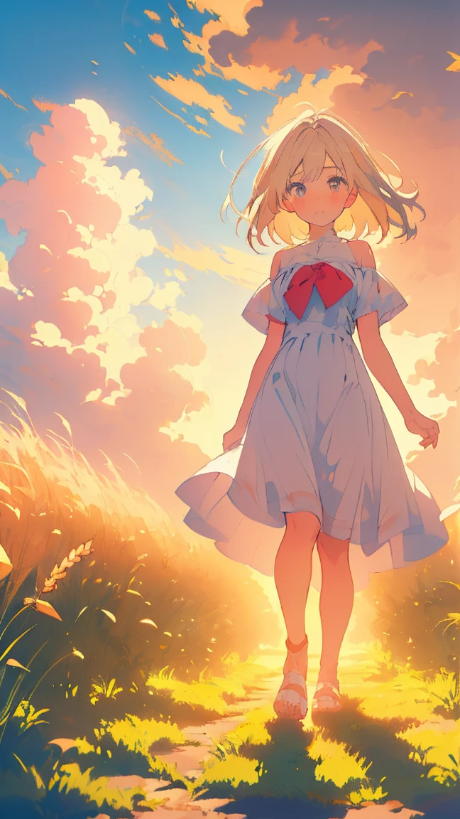 (masterpiece, Highest quality),A stunning painting of a long blonde in a dress, Wheat field, Spectacular Clouds ((Picturesque)) ((Impressionism)) Vibrant, Soft Edge (((Warm glow))) Full body Full body from below 1sologirl, Feet together, Walking while looking down