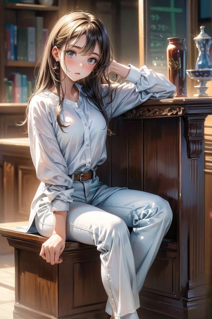 beautiful, masterpiece, Highest quality, Highly detailed face,  Perfect lighting, One girl, alone,  Giovanna MS, Cowboy Shot, White shirt, Black trousers, Sitting, Spread your legs