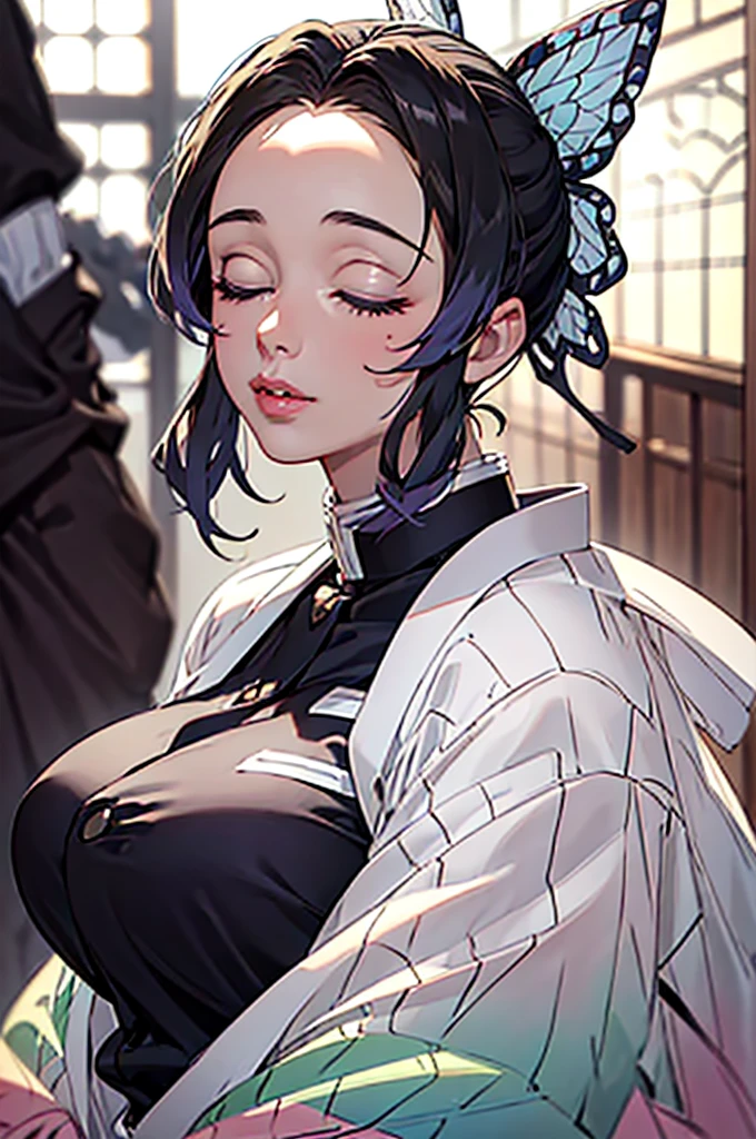 ((((High resolution, Intricate details, masterpiece, 8k, from front, Full Color)))), (((beautiful, Eyes closed, Close-up of face, Focus on lips, kimono))), ((One Woman, Big Breasts, Large Breasts, Huge Saggy Tits)), (Black Hair, Beautiful forehead, Long Hair, ponytail, Big ribbon, Glowing Skin), from front, looking at viewer, look at viewer, indoor,