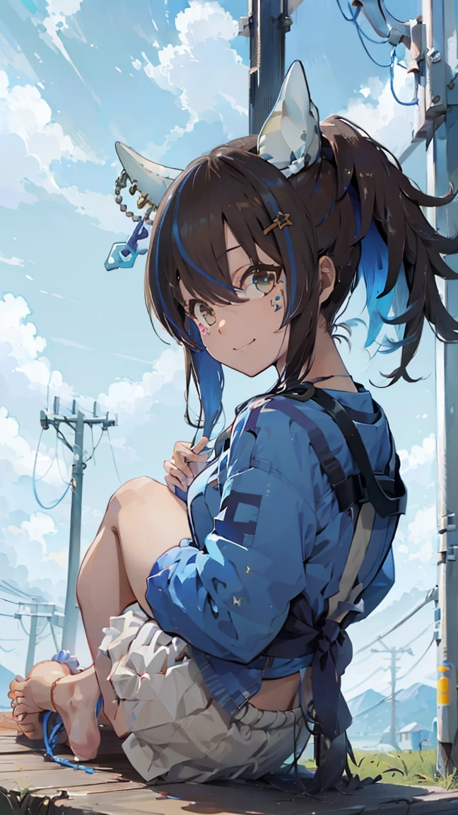 masterpiece, Highest quality, High resolution, Very detailed,(((Daitaku Helios))), (((smile)))、(((Sitting far away))), (((blue sky))), (((electric wire))), (((Electric pole))), (((barefoot))), (((Sole)))