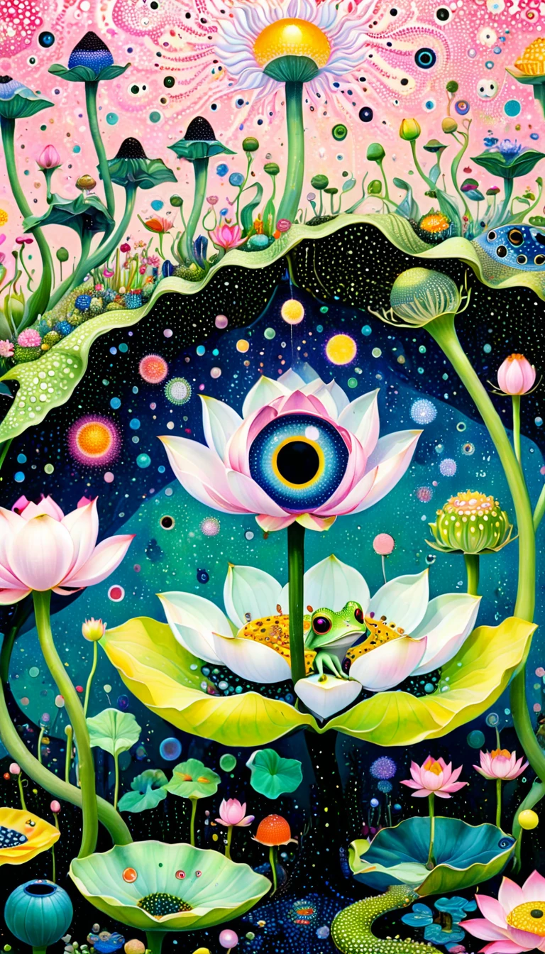 Pointillism method：Colorful black，Dopamine color matching，霓虹Eyeballs in the lotus pod、house、Frosch、Tentacles、bird、(((Eye)))、diatom，Abstract mosaic painting，Describing the inner world of autistic people，Sense of space，White space，interesting，Innocence，Psychedelic Art，Pink Circle。Dot