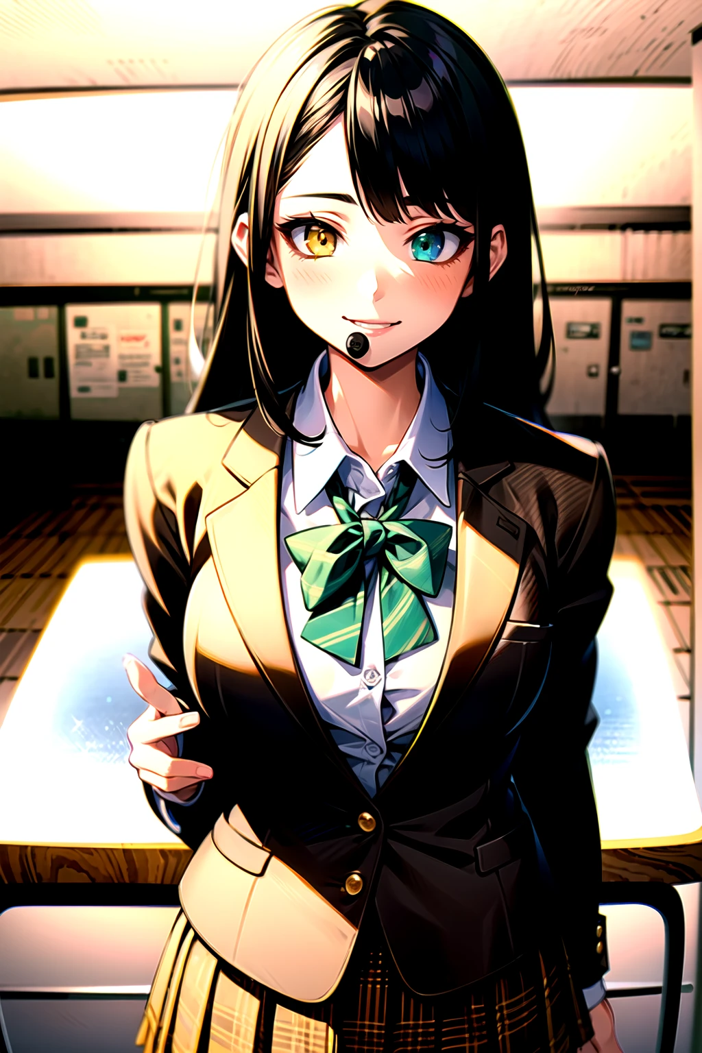 （（super high quality,））（（Ultra-high resolution,））（16K,）（super masterpiece,）（（Ultra HD ,））（Detailed shading,）Upper body photo,One mature high school girl,Blue-green blazer,White dress shirt,The third button is open,（（Yellow striped bow tie,））Brown plaid mini skirt,Black long tights,Straight black long hair,Side-swept bangs,（（Orange and green heterochromia,））Sharp Eyes,smile,blush,A classroom illuminated by the setting sun,slouch,Top view,