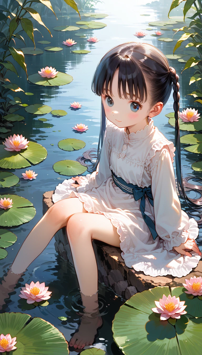 There is a girl sitting on a leaf, (white  clothes), fresh color scheme, there's a stuffed toy, Guvez style art, Popular na cgstation, illustrated by Li Song, anime suave, standing on a water lily pad, sitting on a lotus flower, cute digital art e meticulosa, cute art style, in the lagoon, Yang J., cute digital art, Guvitz, sitting near the pond