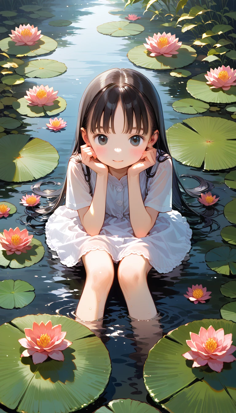 There is a girl sitting on a leaf, (white  clothes), fresh color scheme, there's a stuffed toy, Guvez style art, Popular na cgstation, illustrated by Li Song, anime suave, standing on a water lily pad, sitting on a lotus flower, cute digital art e meticulosa, cute art style, in the lagoon, Yang J., cute digital art, Guvitz, sitting near the pond