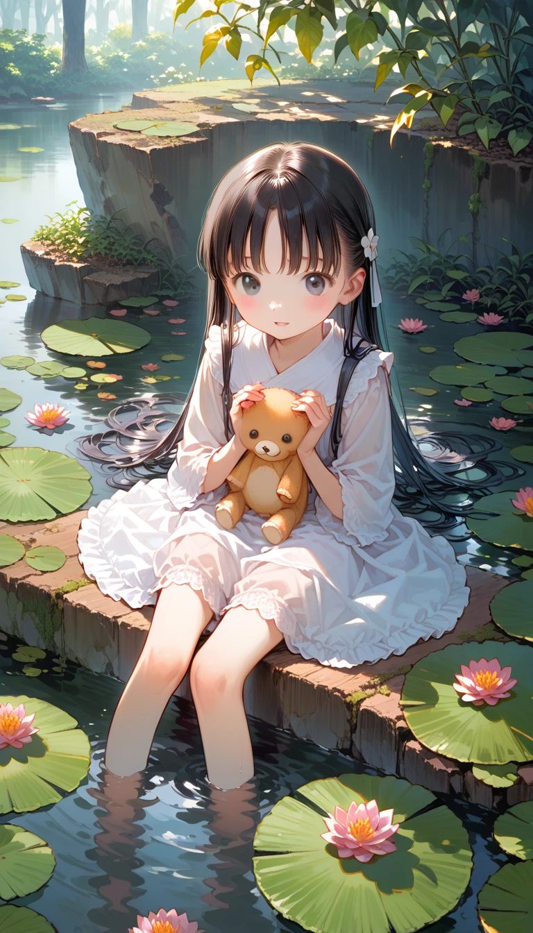 There is a girl sitting on a leaf, (white  clothes), fresh color scheme, there's a stuffed toy, Guvez style art, Popular na cgstation, illustrated by Li Song, anime suave, standing on a water lily pad, sitting on a lotus flower, cute digital art e meticulosa, cute art style, in the lagoon, Yang J., cute digital art, Guvitz, sitting near the pond