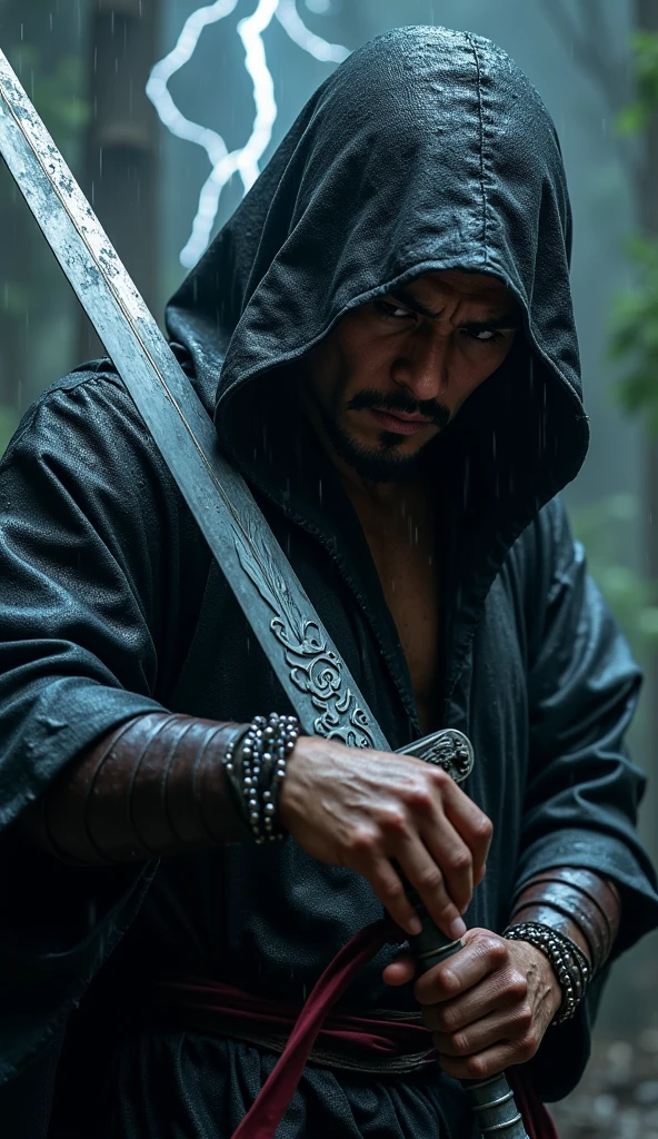 photo of a japanese male assassin, wearing a wet black assasin hoodie ((silver bioluminiscent lightning)), so that the reflection of light reflects on him, his eyes are covered by the hoodie, and his hand is holding a carved silver sword. the details of his face and wrinkles are clearly visible. The man wore leather wristbands and silver chain accessories. dark and gritty, raining, water drips, smokes, particle, void black background, vignette, lightning, photorealism, hyperdetailed, hyperrealistic, masterpiece, HD 8K resolution, close up shot ((silver bioluminiscent lightning in background))