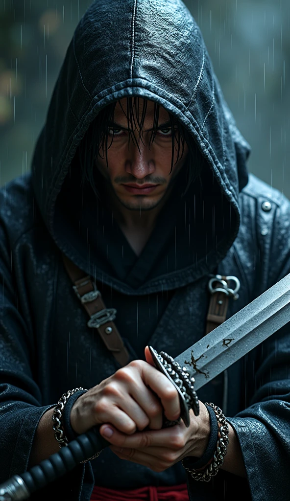 photo of a japanese male assassin, wearing a wet black assasin hoodie ((silver bioluminiscent lightning)), so that the reflection of light reflects on him, his eyes are covered by the hoodie, and his hand is holding a carved silver sword. the details of his face and wrinkles are clearly visible. The man wore leather wristbands and silver chain accessories. dark and gritty, raining, water drips, smokes, particle, void black background, vignette, lightning, photorealism, hyperdetailed, hyperrealistic, masterpiece, HD 8K resolution, close up shot ((silver bioluminiscent lightning in background))