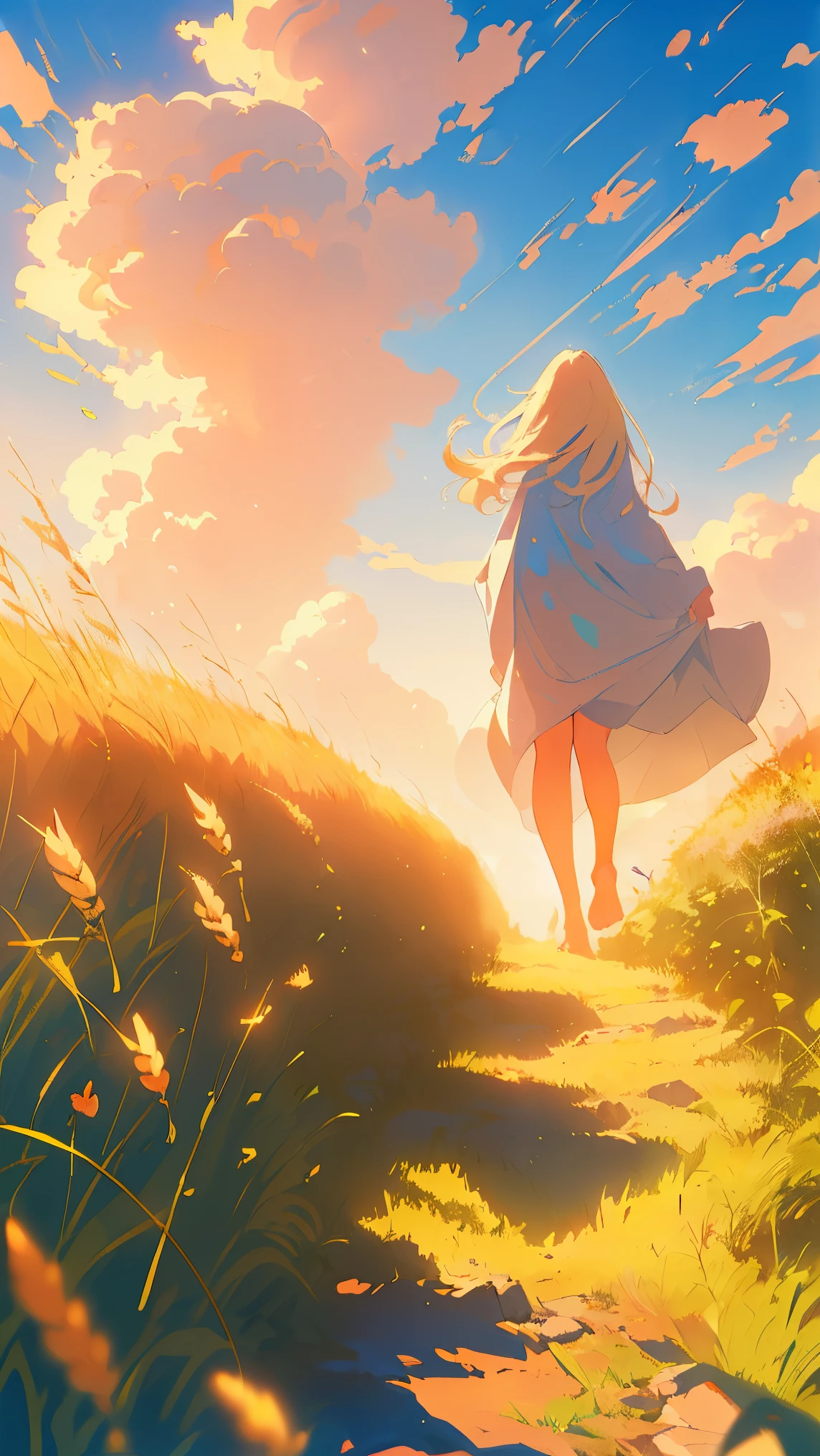 (masterpiece, Highest quality),A stunning painting of a lady with long blonde hair, Wheat field, Spectacular Clouds ((Picturesque)) ((Impressionism)) Vibrant, Soft Edge (((Warm glow))) Full body Full body from below 1sologirl, Feet together, Walking while looking down