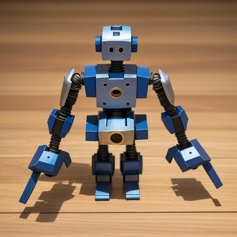 A wooden robot made from horse chestnut wood, with small cylinders and rectangles suggesting machined parts. It has a non-humanoid design with an embedded head and no arms. The wood surfaces show prominent grain, and some parts are black. A large gear is partially exposed. The legs have caterpillar tracks split into front and back, allowing angle adjustment.