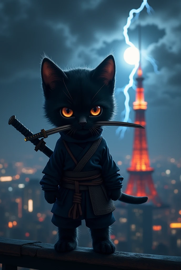 Cute black kitten dressed as a ninja、Dark Night、A ray of moonlight、Standing at the top of Tokyo Tower、Sword in mouth、Roaring thunder