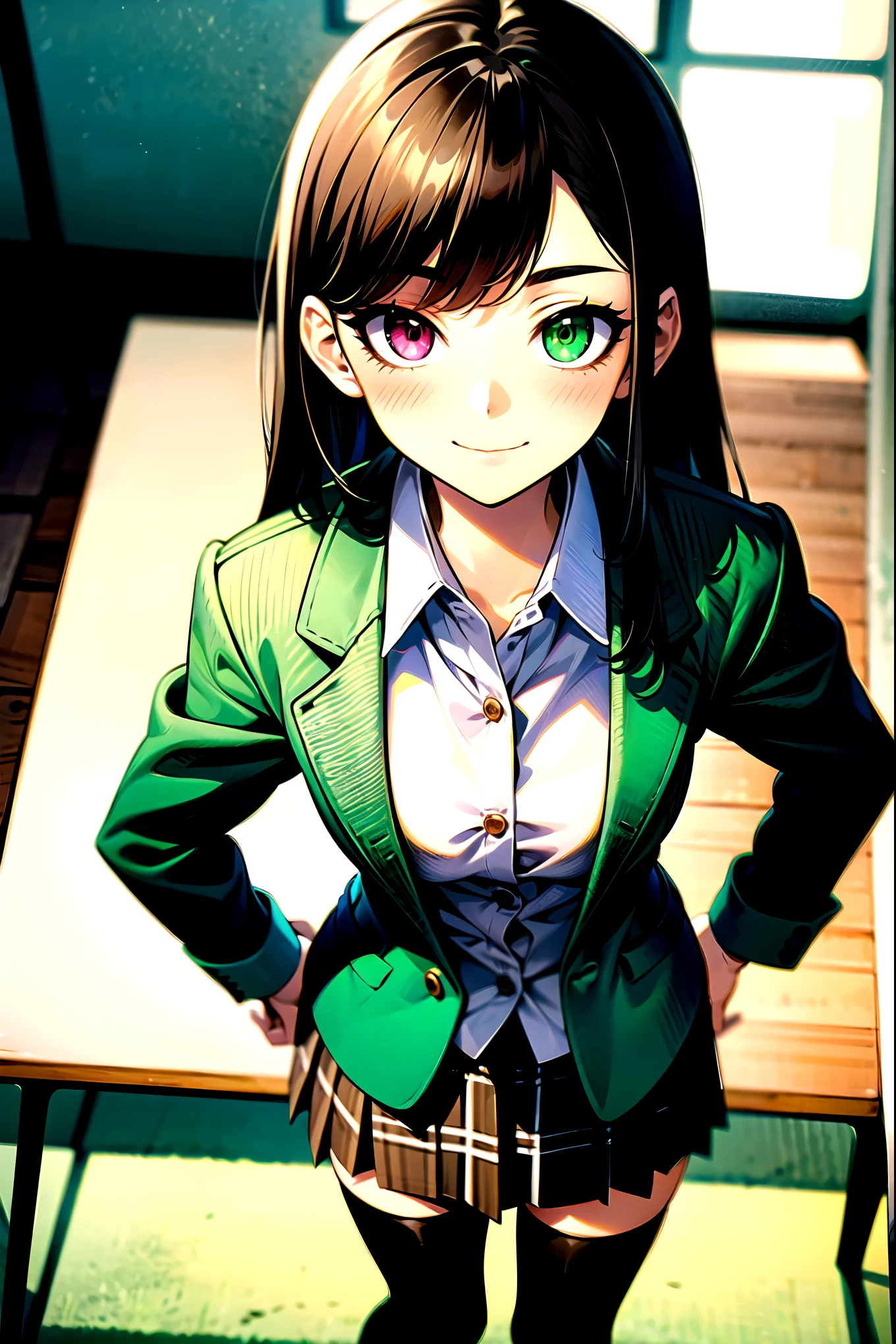 （（super high quality,））（（Ultra-high resolution,））（16K,）（super masterpiece,）（（Ultra HD ,））（Detailed shading,）Upper body photo,One mature high school girl,Blue-green blazer,（（White dress shirt with collar up,））The third button is open,Brown plaid mini skirt,Black long tights,Straight black long hair,Side-swept bangs,（（Orange and green heterochromia,））Sharp Eyes,smile,blush,A classroom illuminated by the setting sun,Top view,