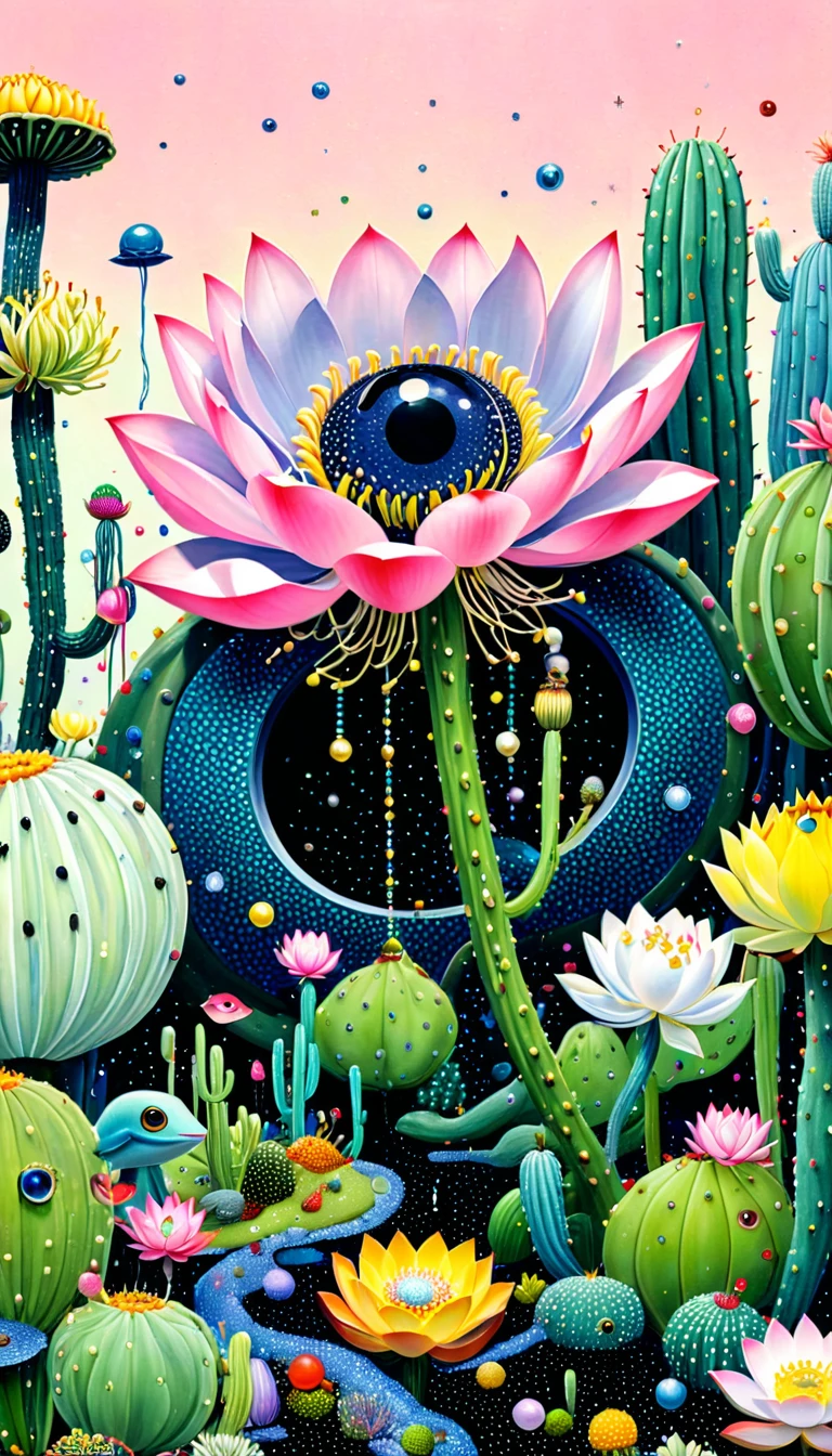 Pointillism method：Colorful black，Dopamine color matching，霓虹Eyeballs in the lotus pod、house、cactus、Frosch、Tentacles、bird、(((Eye，Pearl tassels。)))、diatom，Abstract mosaic painting，Describing the inner world of autistic people，Sense of space，White space，interesting，Innocence，Psychedelic Art，Pink Circle。Dot，星河Dot。