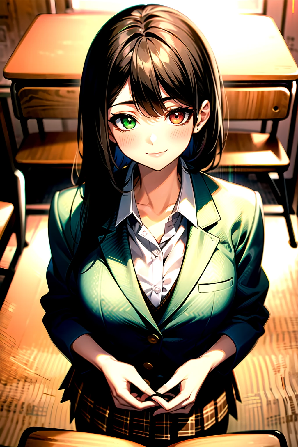 （（super high quality,））（（Ultra-high resolution,））（16K,）（super masterpiece,）（（Ultra HD ,））（Detailed shading,）Upper body photo,One mature high school girl,Blue-green blazer,（（White dress shirt with collar up,））Open chest,The third button is open,Brown plaid mini skirt,Black long tights,Straight black long hair,Side-swept bangs,（（Orange and green heterochromia,））Sharp Eyes,smile,blush,A classroom illuminated by the setting sun,Top view,