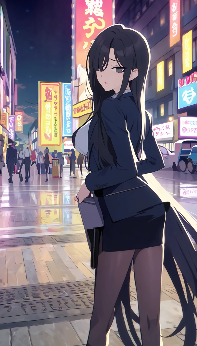 Highest quality、One woman, age 26、Policewoman、Black Hair、Long Hair、Hanging eyes、Dark Eyes、Black clothing、suit、Tight Skirt、Panty stocking、In town、stand、