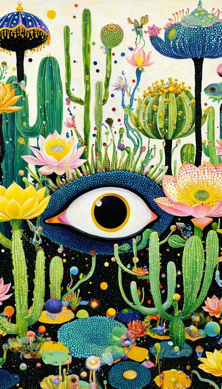 Pointillism method：Colorful black，Dopamine color matching，霓虹Eyeballs in the lotus pod、house、cactus、Frosch、Tentacles、bird、(((Eye，Pearl tassels。)))、diatom，Abstract mosaic painting，Describing the inner world of autistic people，Sense of space，White space，interesting，Innocence，Psychedelic Art，Pink Circle。Dot，星河Dot。