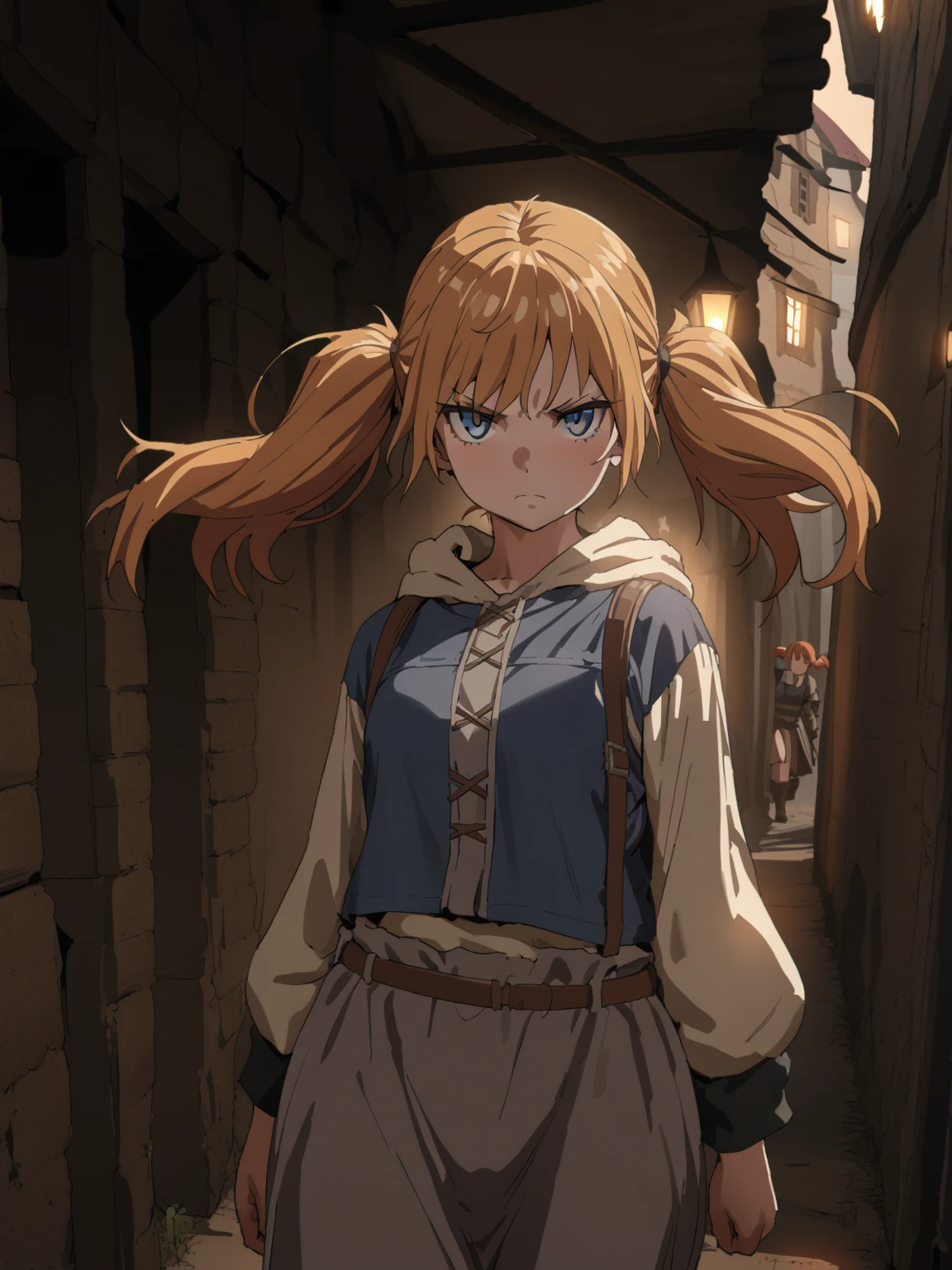 {{upper body, eye level angle}} {{Artist: Sincos}} ((((masterpiece)))), ((((best quality)))), (front_view), 8k, (1girl), female focus, rim light, shiny skin, (((teen))), a girl walking in the medieval town, twin_tails, ginger_hair, steel_blue_eyes, serious, closed_mouth, facing_viewer, facing this way, adventurer outfit