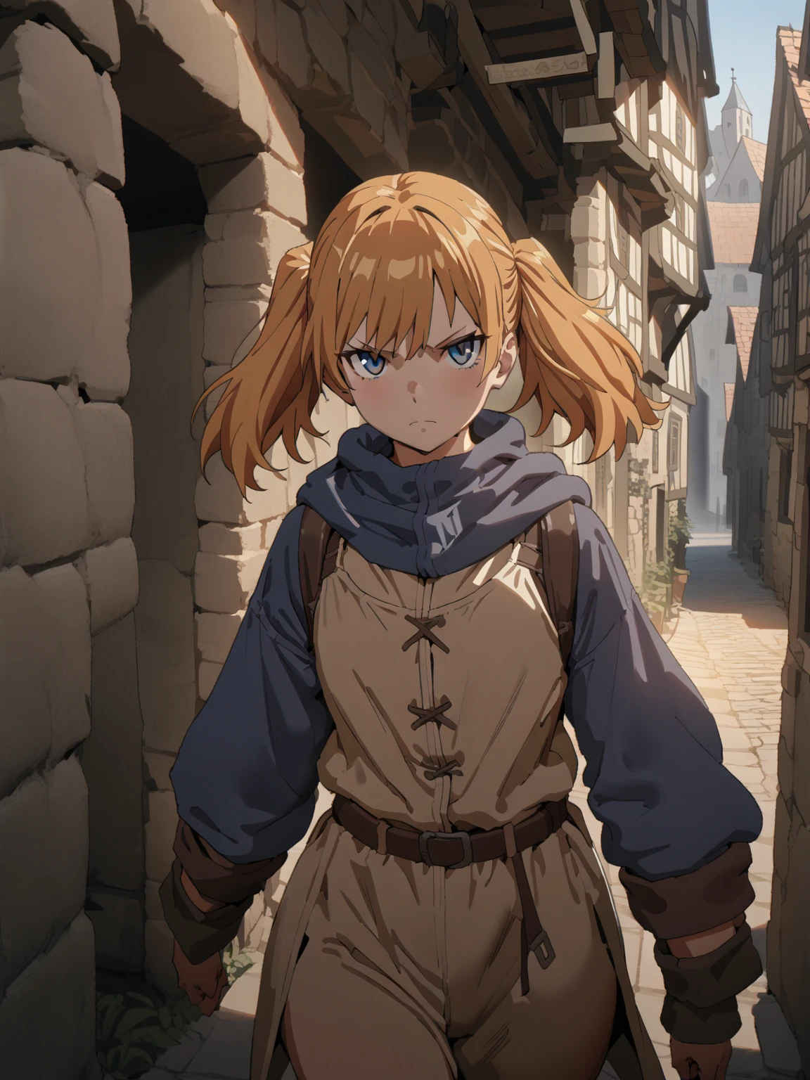 {{upper body, eye level angle}} {{Artist: Sincos}} ((((masterpiece)))), ((((best quality)))), (front_view), 8k, (1girl), female focus, rim light, shiny skin, (((teen))), a girl walking in the medieval town, twin_tails, ginger_hair, steel_blue_eyes, serious, closed_mouth, facing_viewer, facing this way, adventurer outfit