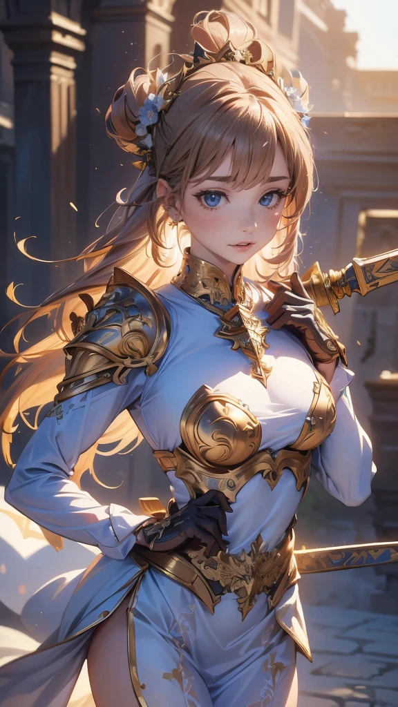 (8k, highest quality, masterpiece: 1.2), (Realistic, photoRealistic: 1.37), Super detailed, One Girl, Paladin with a sword imbued with light, Wide viewing angles, huge firm bouncing bust, Very delicate depiction, Miniature painting, Detailed depiction of the face, Detailed depiction of hair, Accurate skeleton, Dress with intricate patterns, Complicated armor, long thick sword