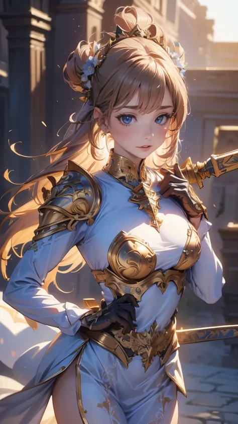 (8k, highest quality, masterpiece: 1.2), (realistic, photorealistic: 1.37), super detailed, one girl, paladin with a sword imbue...