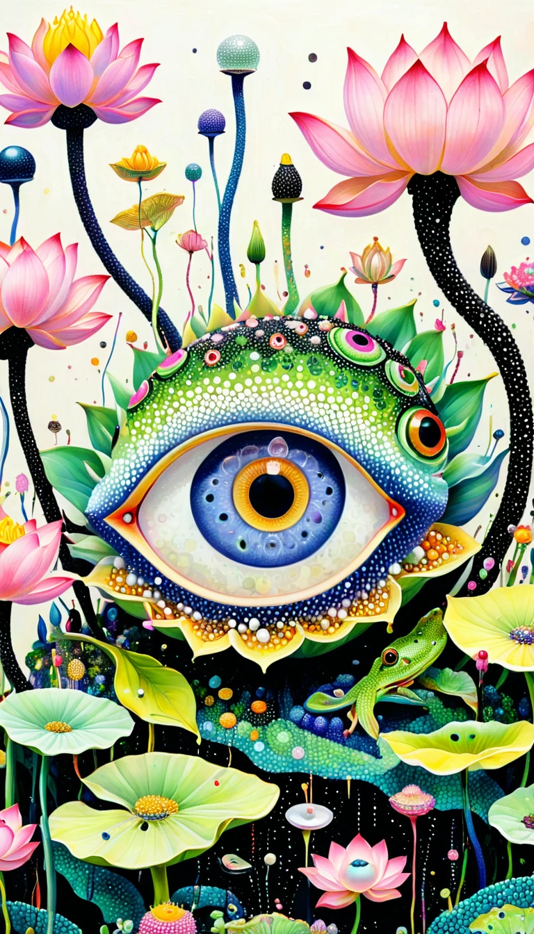 Pointillism method：Colorful black，Dopamine color matching，Neon Eyeballs in the lotus pod、house、Frog、Tentacles、bird、(((Eye，Pearl tassels。)))、diatom，Abstract mosaic painting，Describing the inner world of autistic people，Sense of space，White space，interesting，Innocence，Psychedelic Art，Pink Circle。Dot