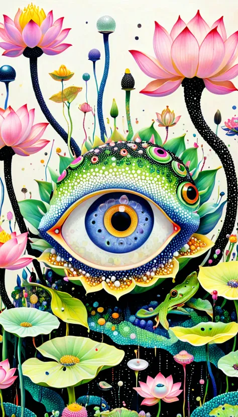 pointillism method：colorful black，dopamine color matching，neon eyeballs in the lotus pod、house、frog、tentacles、bird、(((eye，pearl ...