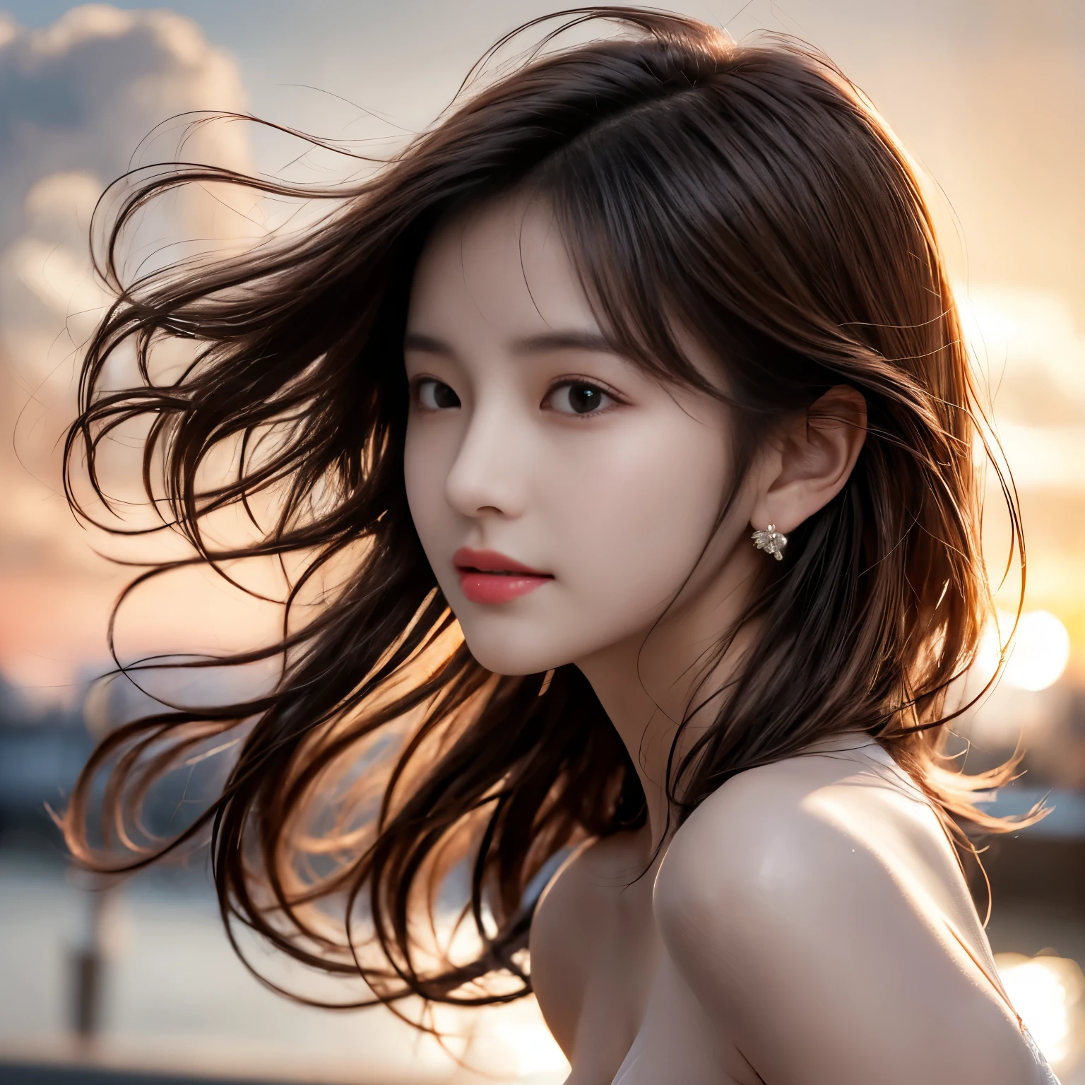 A photo of the bright-eyed Korean actress Sangmi Nam, masterpiece, realistic, analog, realism, Korean idol, slim legs, long_brown_hair,1 girl, very bright backlight, alone, {beautiful and delicate eyes}, big bust, calm expression, natural and soft light, hair blown by the breeze, delicate facial features, blunt bangs, beautiful korean girl, eye smile, Very small earrings, 2, ((model pose)), Glamour body type,(half red and half brown hair), film grain, Real hand, masterpiece, best quality, realistic, very detailed, in detail, 높은 sun상도, brown messy hair, Complete dynamic configuration, beautiful and delicate eyes, korean girl,((I feel anxious and embarrassed.)),sharp focus, beauty mix, Movie Girl,bare shoulders, upper body, outdoors, sky, cloud, (In side profile:1.4), (floating hair:1.3), messy hair, backlight, sunset, sun