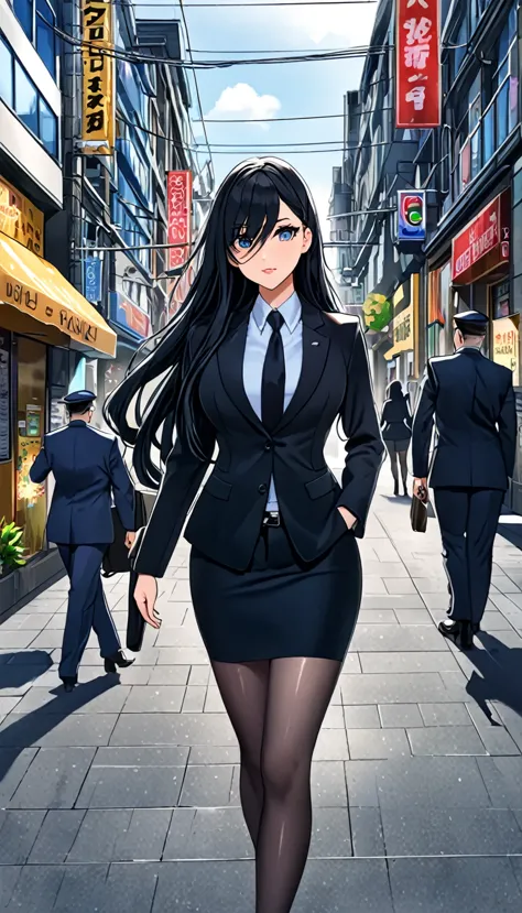 highest quality、one woman, age 26、policewoman、black hair、long hair、hanging eyes、dark eyes、black clothing、suit、tight skirt、panty ...